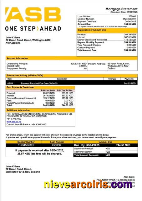 New Zealand ASB Bank mortgage statement Word and PDF template